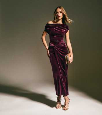 Dark Burgundy Velvet Off The Shoulder Knot Waist Maxi Dress
