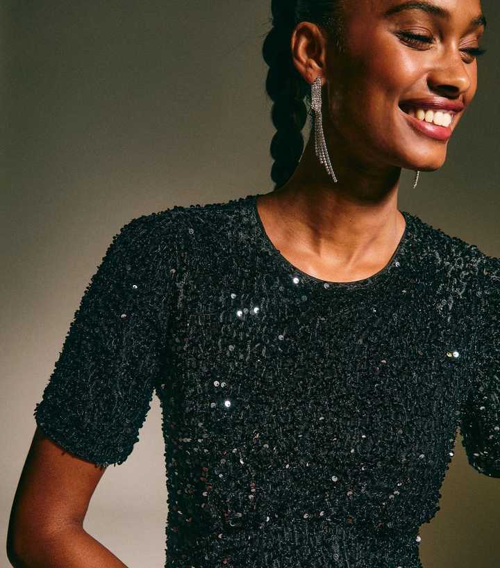 Black Velvet A-Line Midi Sequin Dress | New Look