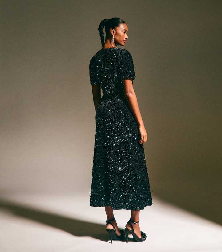 black chiffon a line dress A-line Sheer Long Sleeve Illusion Lace Chapel Black Chiffon Prom Dress,  Beaded Split main image 0