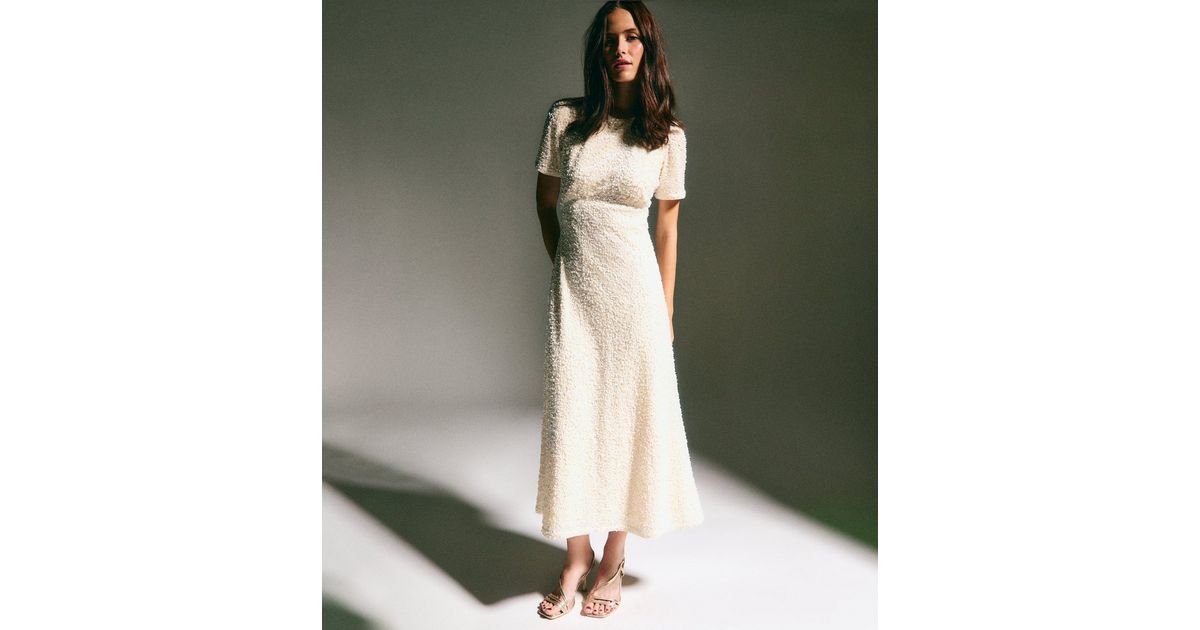 Cream Velvet A-Line Midi Sequin Dress | New Look