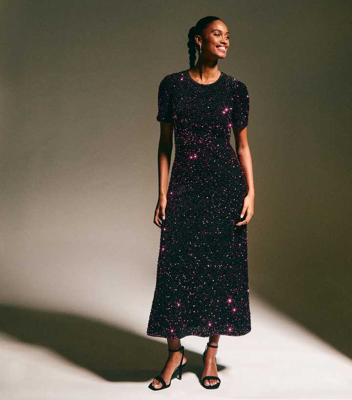 Dark Burgundy Velvet A-Line Midi Sequin Dress | New Look