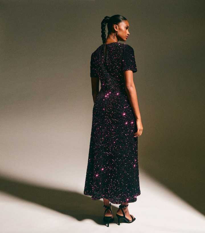 new look women's velvet a-line midi sequin dress reviews Karleigh Faux Fur Knit Maxi Dress / Plum | MESHKI
