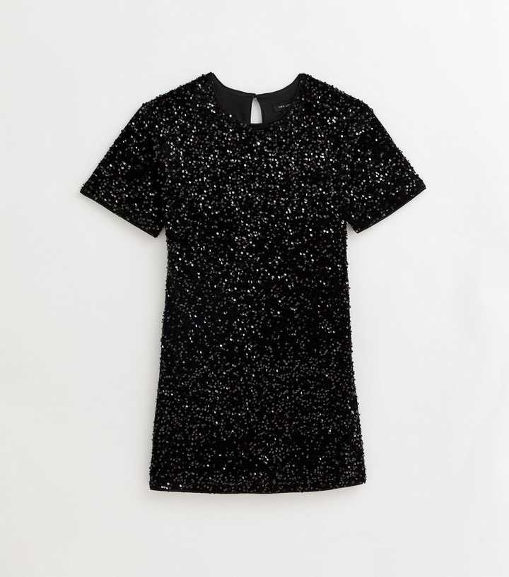 Black Velvet Sequin T-Shirt Dress | New Look