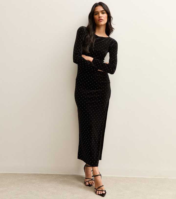 Black Diamante Embellished Side Slit Velvet Maxi Dress | New Look