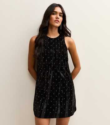 Black Diamante Embellished Velvet Mini Dress