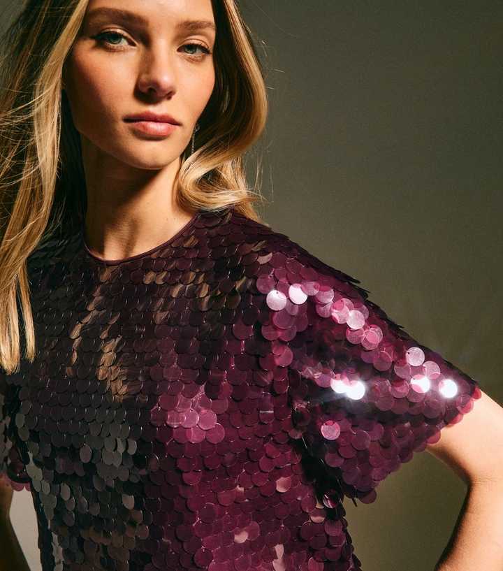 Dark Burgundy Sequinned Short Sleeve Top