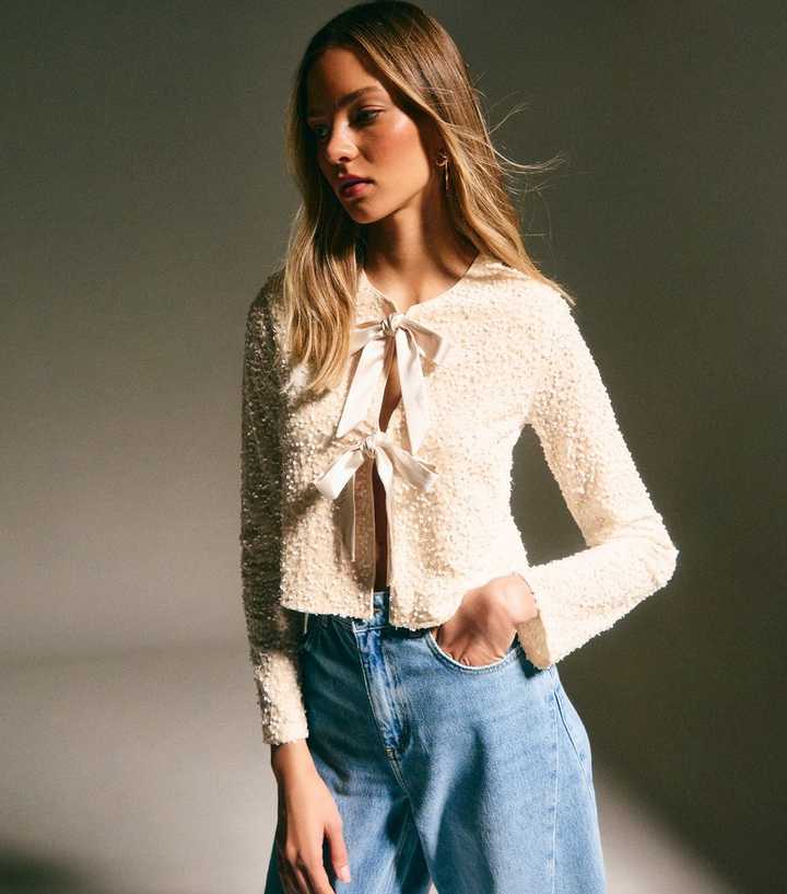 Cream Velvet Sequin Embellished Tie Front Cardigan