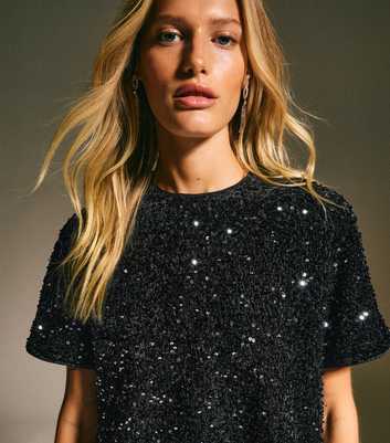 Black Velvet Sequin Embellished T-Shirt