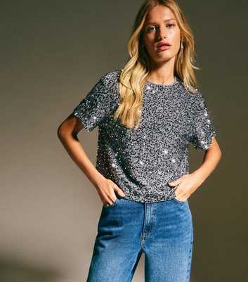 Grey Velvet Sequin Embellished T-Shirt