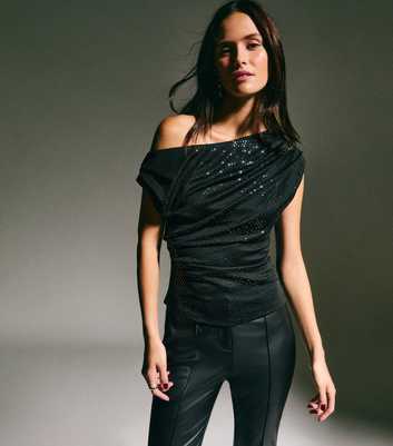 Black Jersey Sequin Draped Off-Shoulder Top