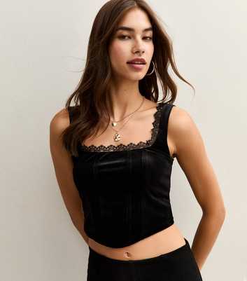 Black Lace Trimmed Velvet Corset Top