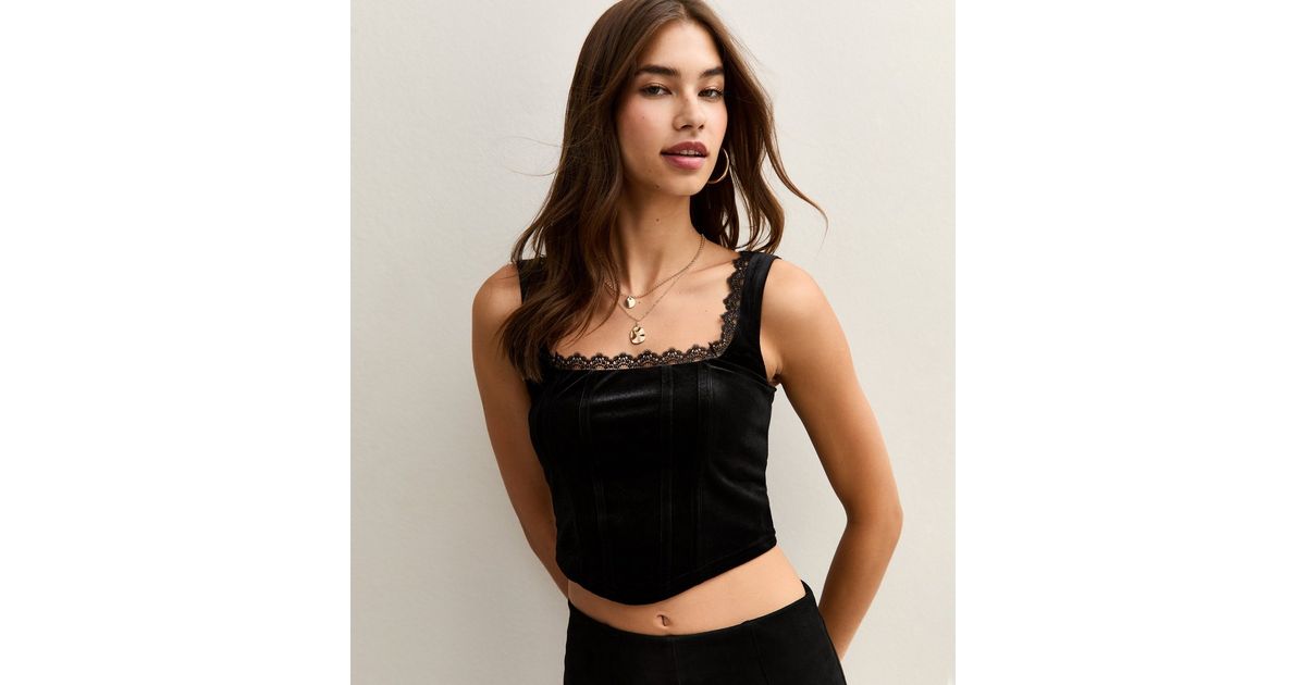 Black Lace Trimmed Velvet Corset Top | New Look