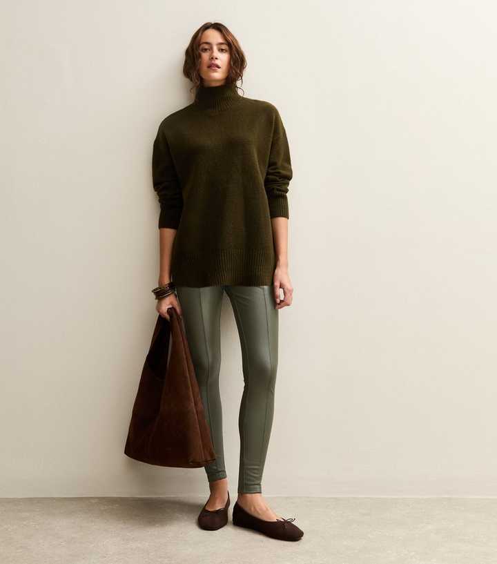 Khaki Faux Leather High Waisted Leggings