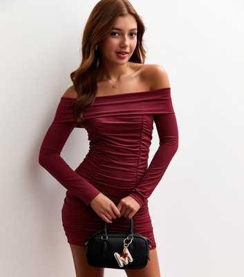Girls Dark Burgundy Ruched Bandeau Dress