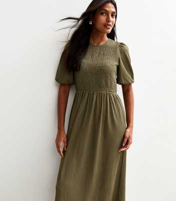 Khaki Crinkle Texture Puff Sleeve Smock Midi Dress