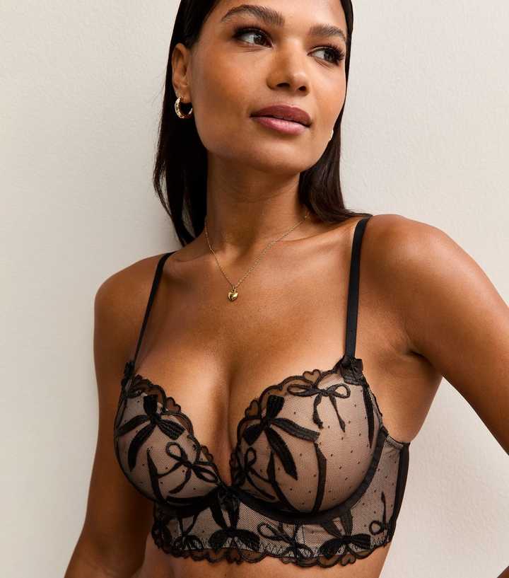 Black Bow Embroidered Longline Faux Leather Trimmed Push Up Bra