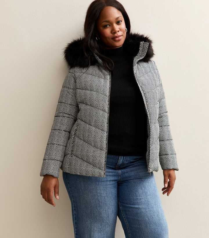 Curves Black Herringbone Print Faux Fur Hood Puffer Coat