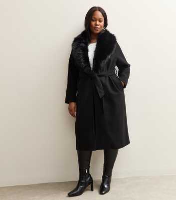 Curves Black Faux Fur Collar Belted Jacket