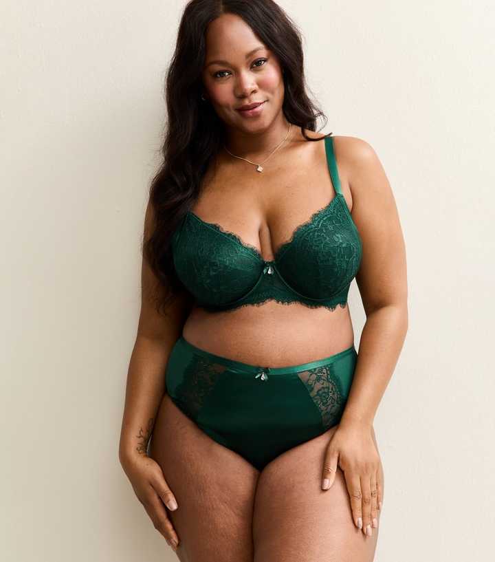 Curves Dark Green Floral Panelled Satin Brazilian Briefs