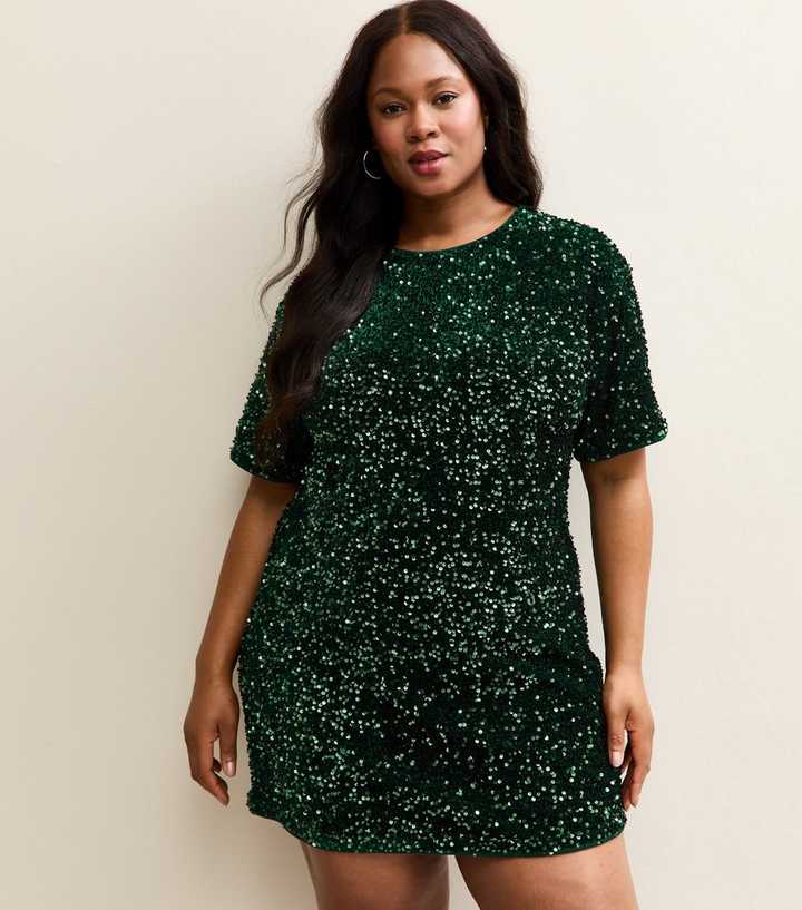 Curves Dark Green Sequin Short Sleeve Mini Dress | New Look