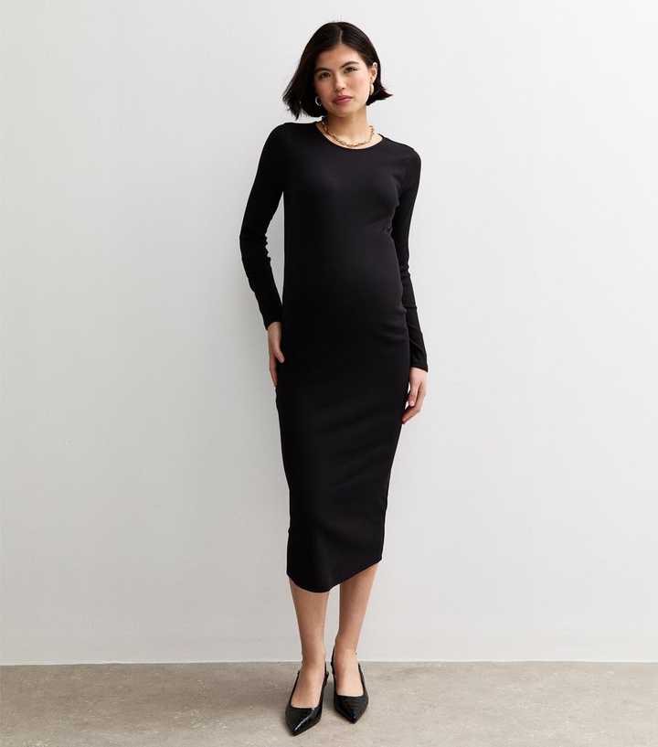 Maternity Black Rib Long Sleeve Midi Dress