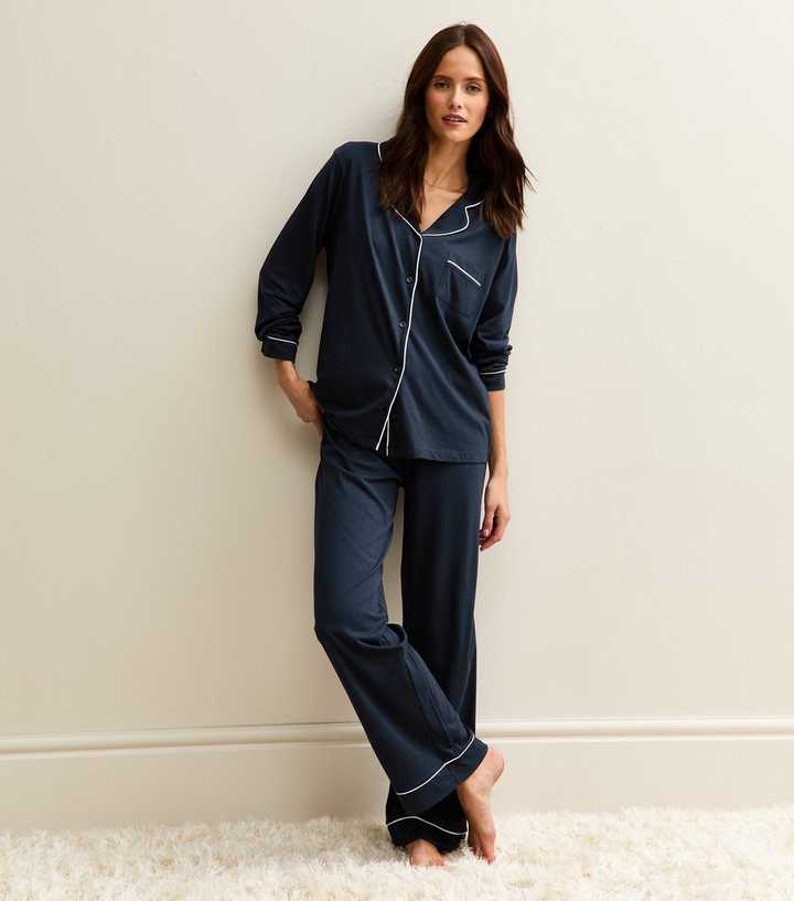 Navy Contrast Trim Revere Collar Pyjama Set