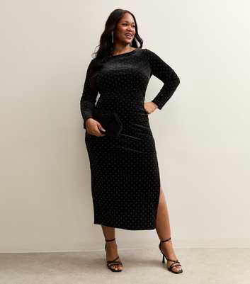 Curves Black Velvet Studded Midi Dress