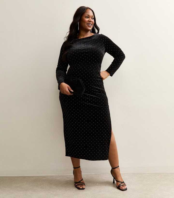 quarter sleeve midi dress Black Square Neck 3/4 Sleeve Midi Dress