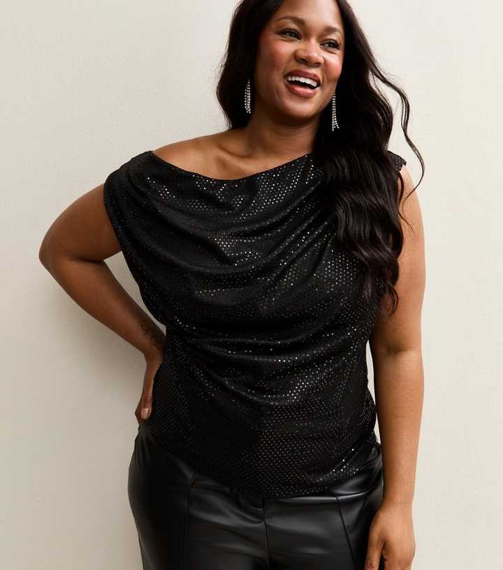 Curves Black Sequin Embellished Draped Top