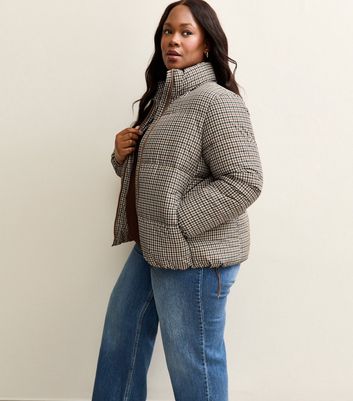 Curves Brown Houndstooth Check Pattern Cropped Puffer Jacket | New
