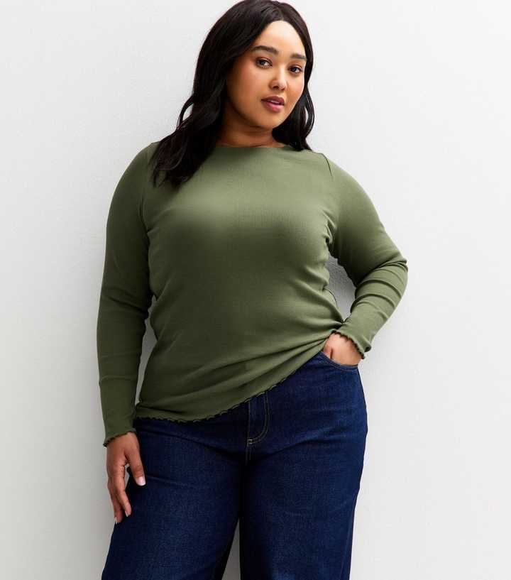 Curves Khaki Ribbed Frilly Trim Long Sleeve Top