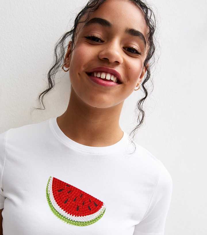 Girls White Gem Embellished Watermelon Baby Tee T-Shirt