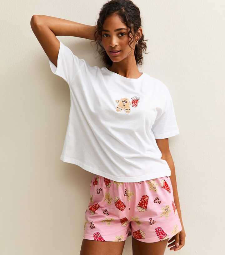 Pink Christmas Gingerbread Coffee Short Sleeve Top and Shorts Pyjama Set