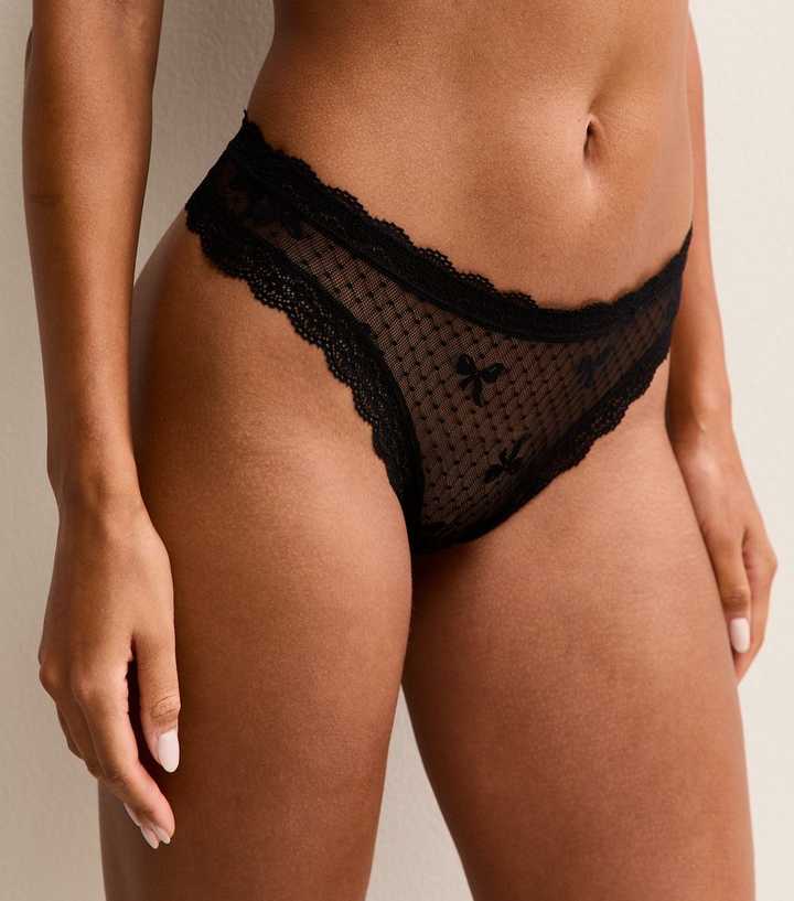 Black Bow Embroidered Mesh Lace Trim Thong