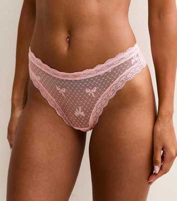 Pink Bow Embroidered Mesh Lace Trim Thong