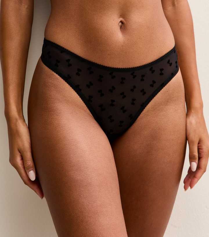 Black Bow Flock Mesh Thong