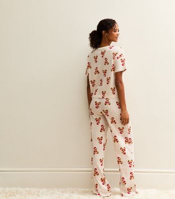 White Christmas Teddy Bear Print Striped Pyjama Set New Look