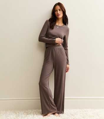 Dark Brown Ribbed Jersey Long Sleeve Top and Trousers Pyjama Set