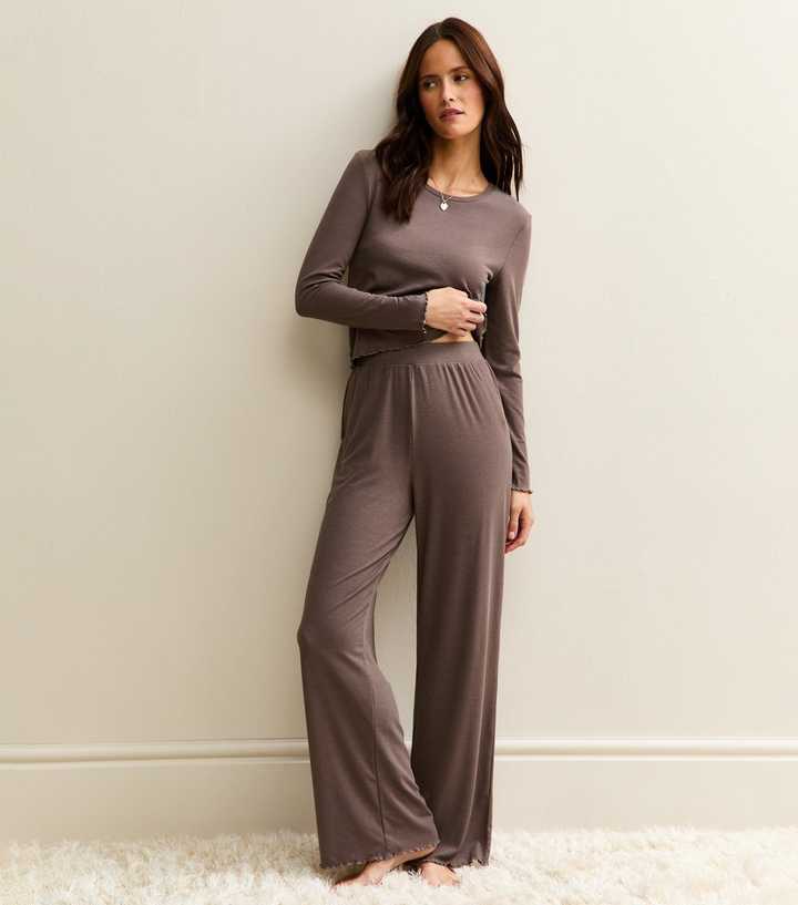 Dark Brown Ribbed Jersey Long Sleeve Top and Trousers Pyjama Set