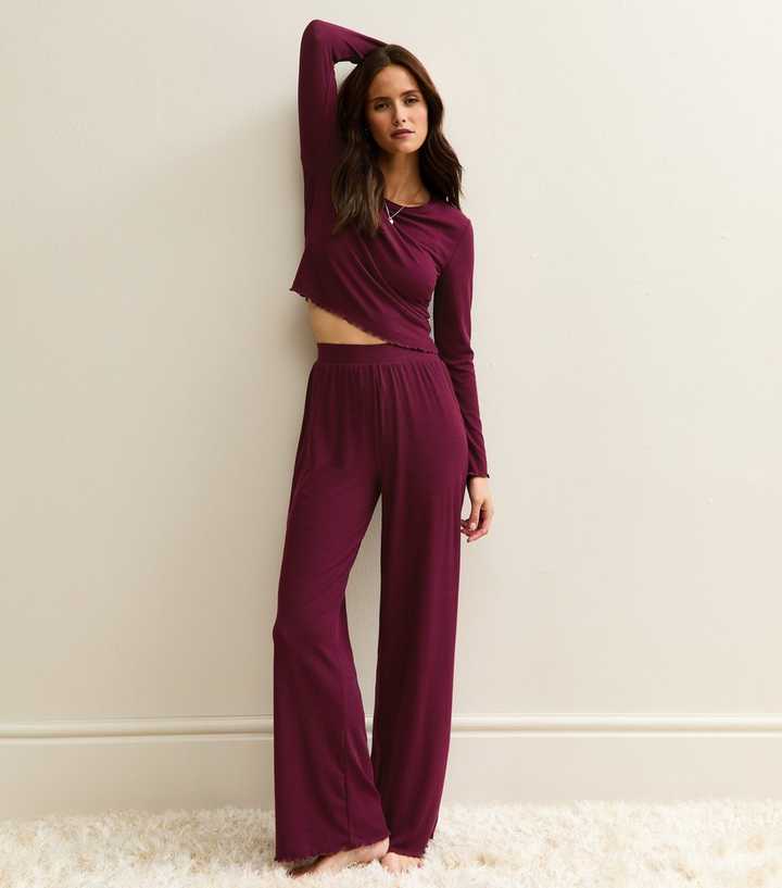 Dark Burgundy Ribbed Jersey Long Sleeve Top and Trousers Pyjama