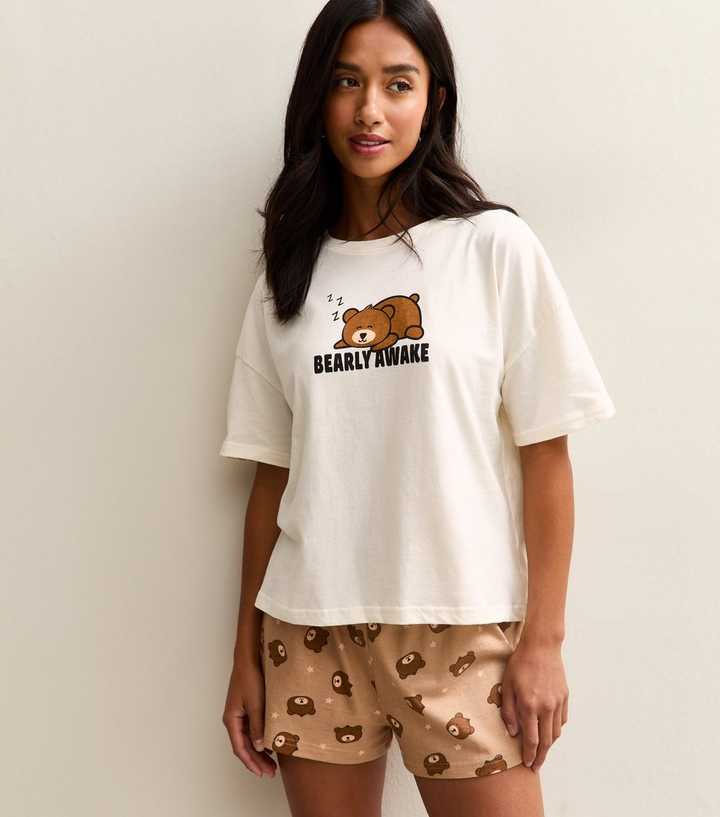 Petite Brown Bear Print Top and Shorts Pyjama Set