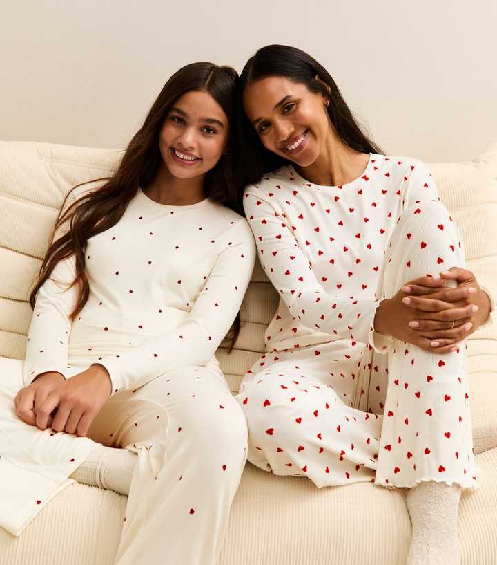 White Heart Print Long Sleeve Top and Trousers Pyjama Set
