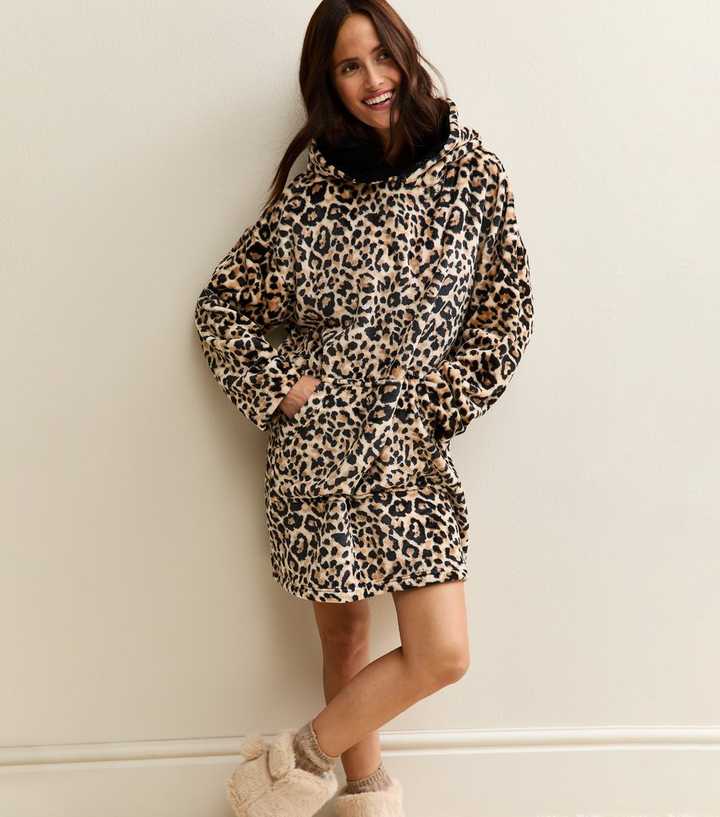 Brown Oversized Fleece Leopard Hoodie