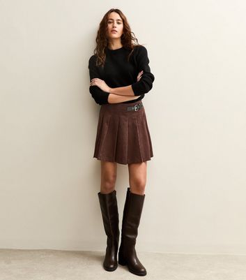 Dark Brown Corduroy Pleated Mini Skirt