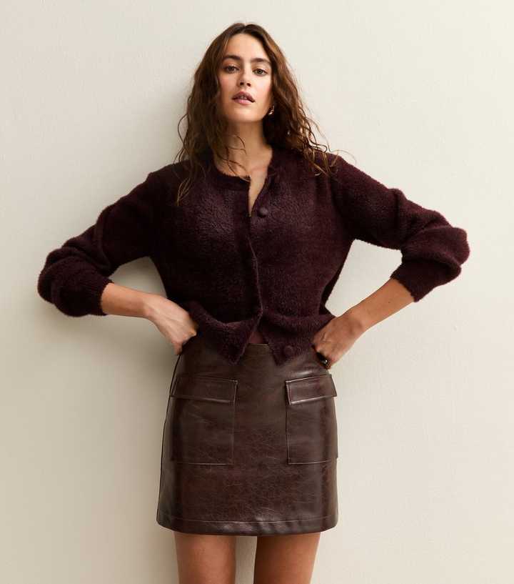 Dark Brown Faux Leather Cargo Mini Skirt