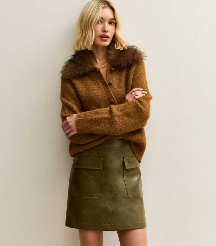 Dark Khaki Faux Leather Cargo Mini Skirt New Look — free download