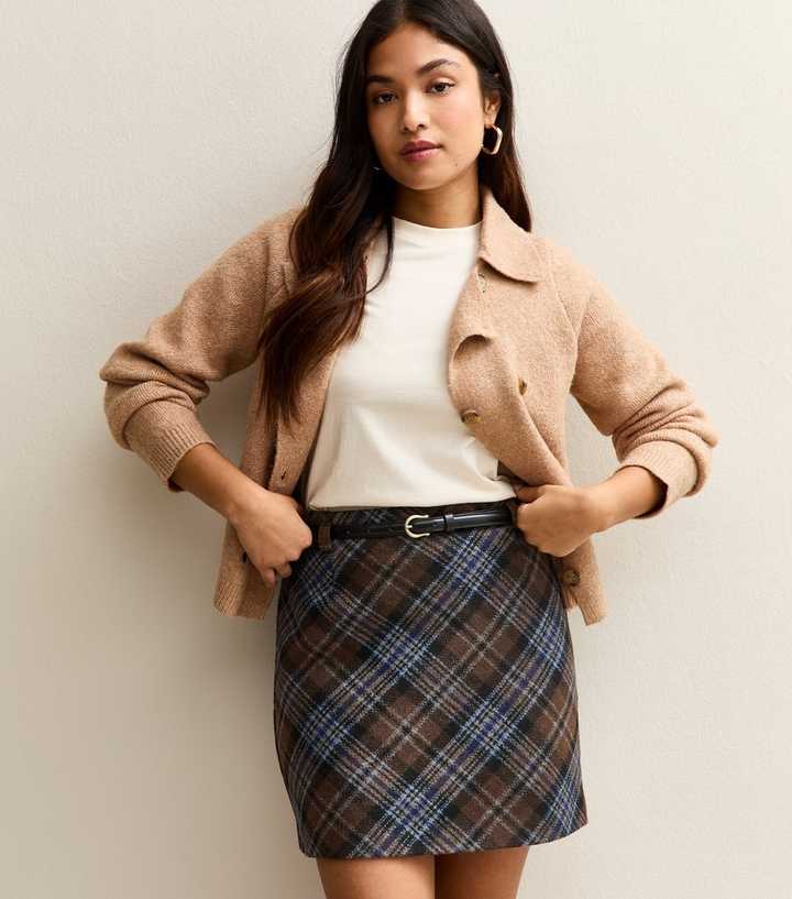 Petite Brown Check Belted Mini Skirt