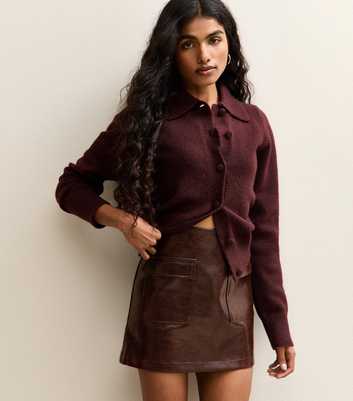 Petite Dark Brown Cracked Faux Leather Mini Skirt