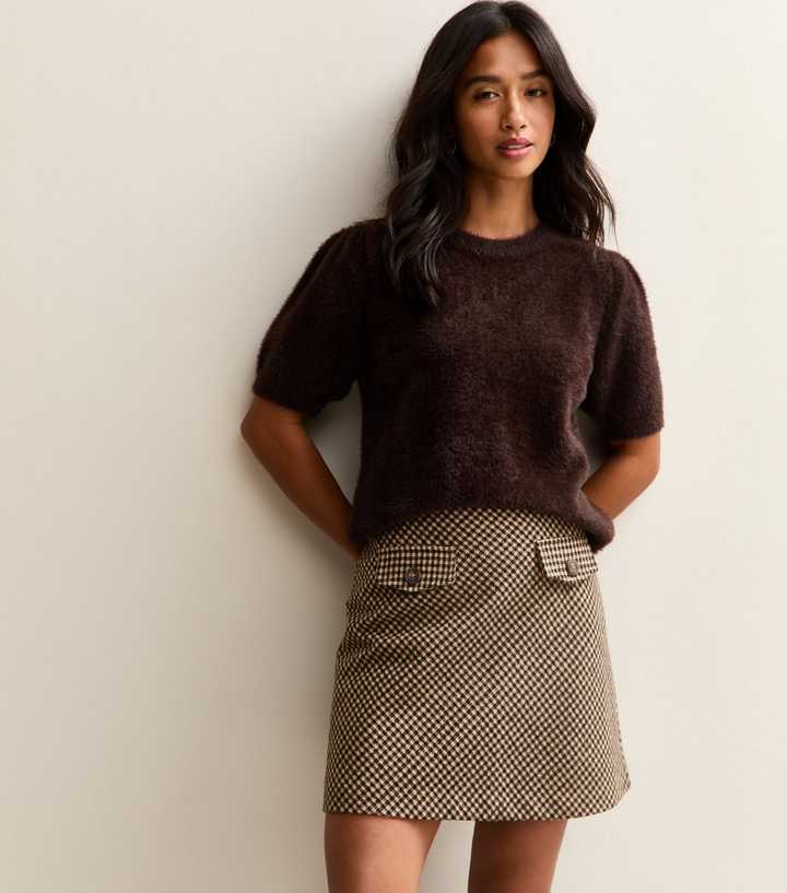 Petite Brown Brushed Checked Mini Skirt