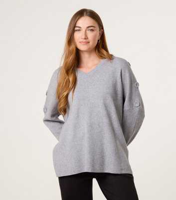 Blue Vanilla Light Grey V Neck Button Detail Jumper